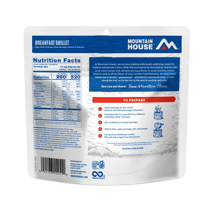 MOUNTAIN HOUSE BREAKFAST SKILLET GLUTEN FREE showing nutrition facts and Ingredients 