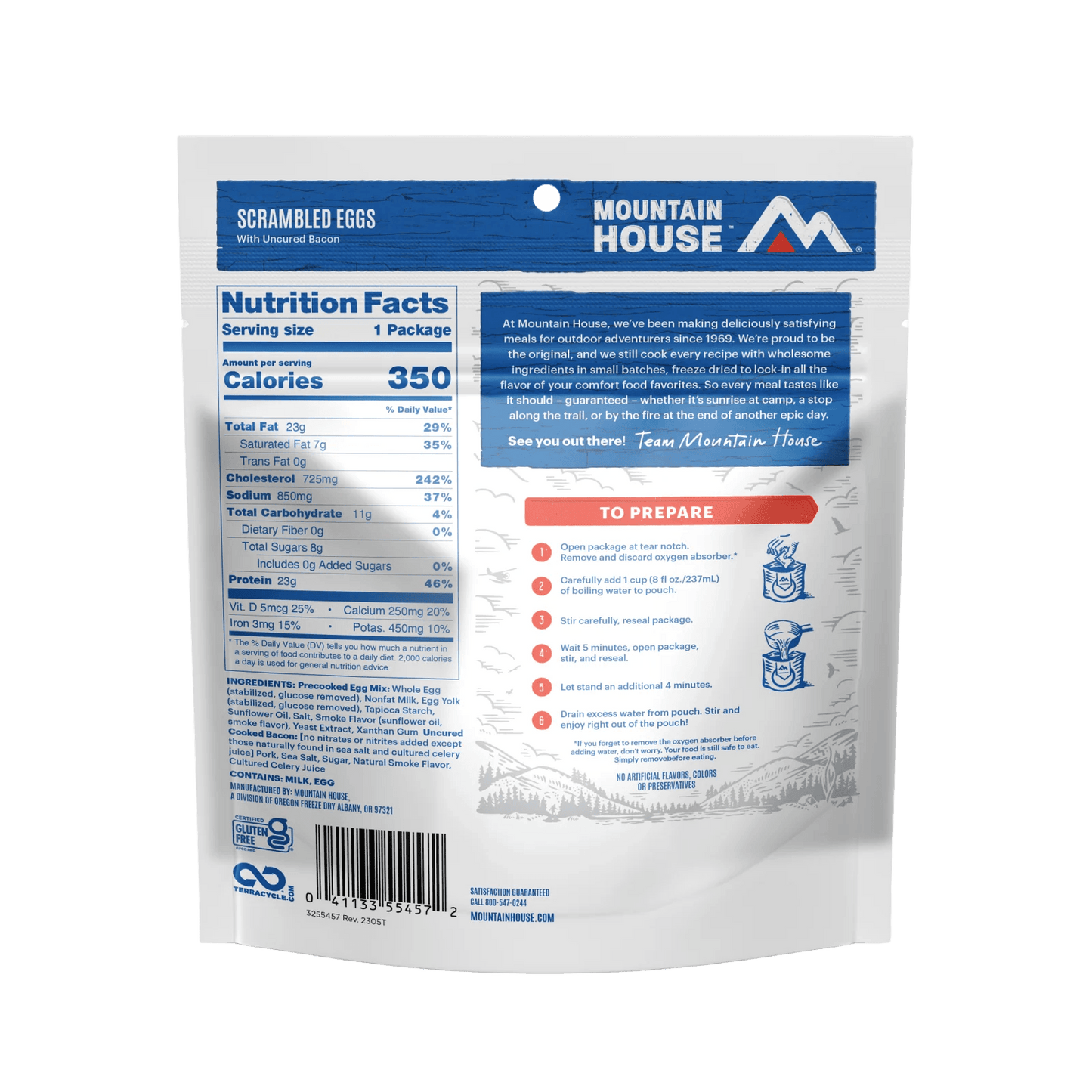 MOUNTAIN HOUSE SCRAMBLED EGGS WITH UNCURED BACON showing nutrition facts and ingredients.