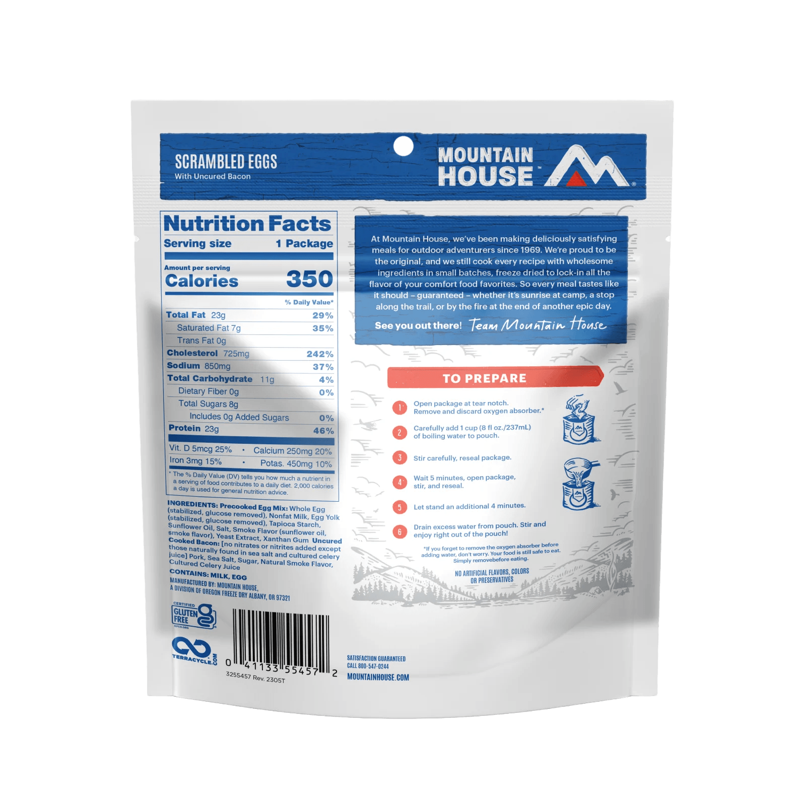 MOUNTAIN HOUSE SCRAMBLED EGGS WITH UNCURED BACON showing nutrition facts and ingredients.