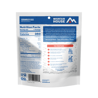 MOUNTAIN HOUSE SCRAMBLED EGGS WITH UNCURED BACON showing nutrition facts and ingredients.