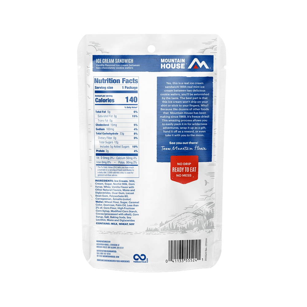 MOUNTAIN HOUSE ICE CREAM SANDWICH - VANILLA nutrition and ingredients info