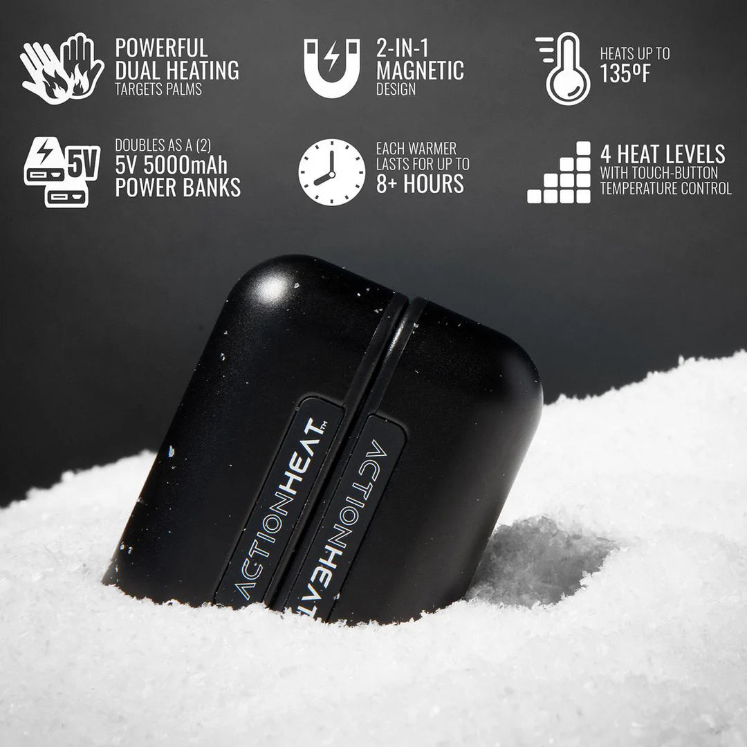 ACTIONHEAT 5V DUAL ELECTRIC HAND WARMER showing main benefits