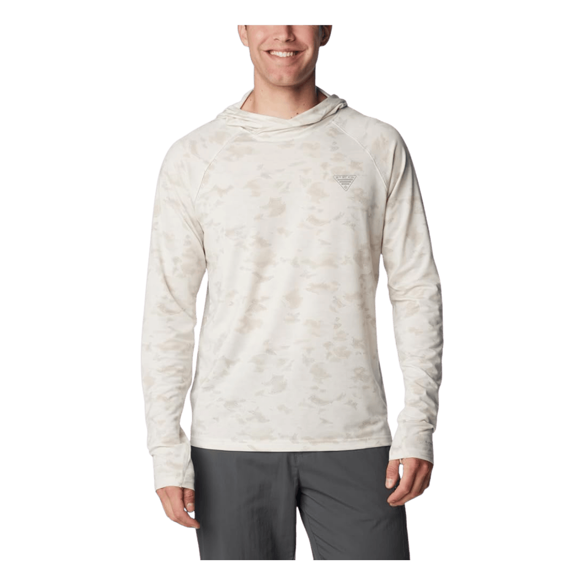 COLUMBIA MEN'S PFG UNCHARTED HOODIE SHIRT - STONE WATER - FRONT VIEW