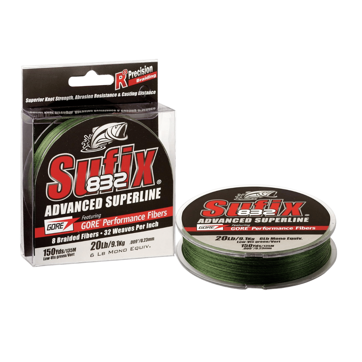 SUFIX 832 BRAID 150YD - 06 LBS LOW VIS GREEN FISHING LINE - PRODUCT WITH PACKAGING
