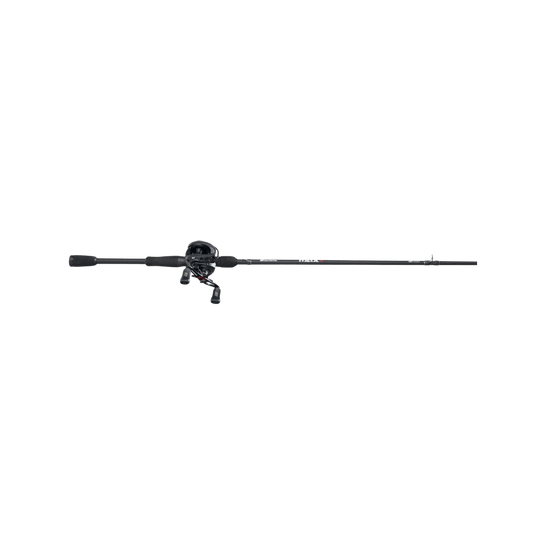 ABU GARCIA MAX 5 SX BAITCAST COMBO. BLACK COLOR, FULL ROD VIEW