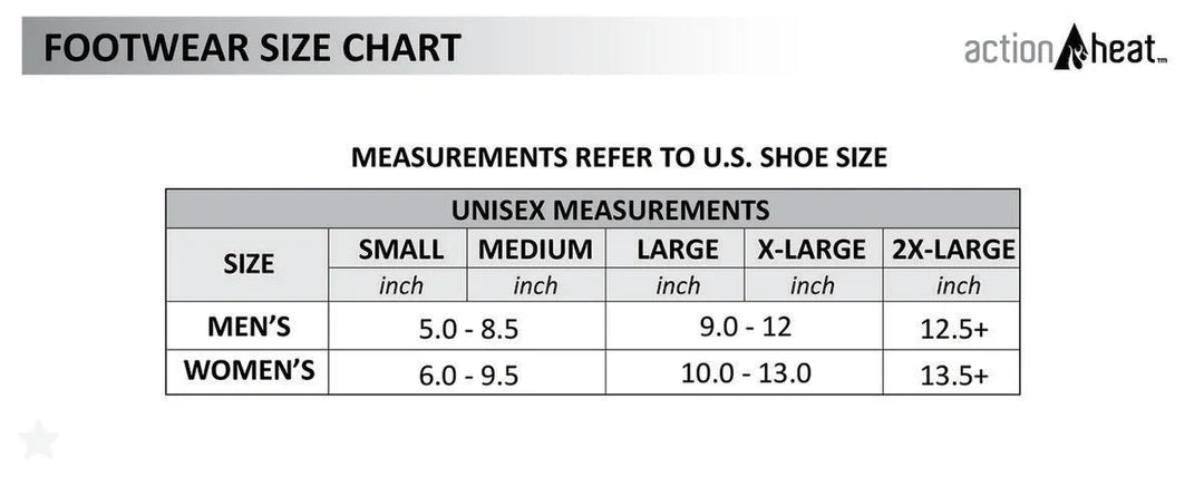 ACTIONHEAT HEATED WOOL SOCKS AA BATTERY - REPLACEMENT SOCKS ONLY sizing chart