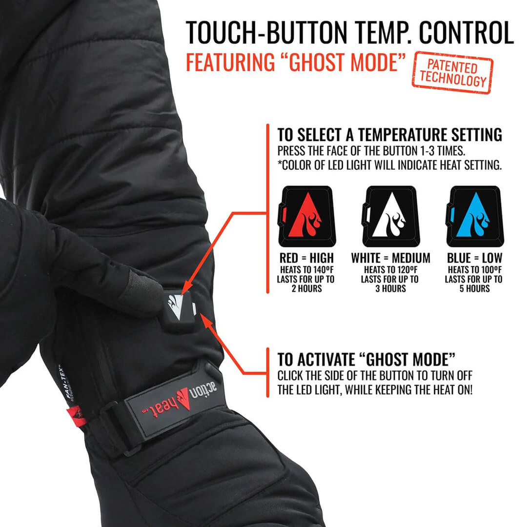 ACTION HEAT WOMEN'S 5V BATTERY HEATED SNOW GLOVE showing the temperature control button