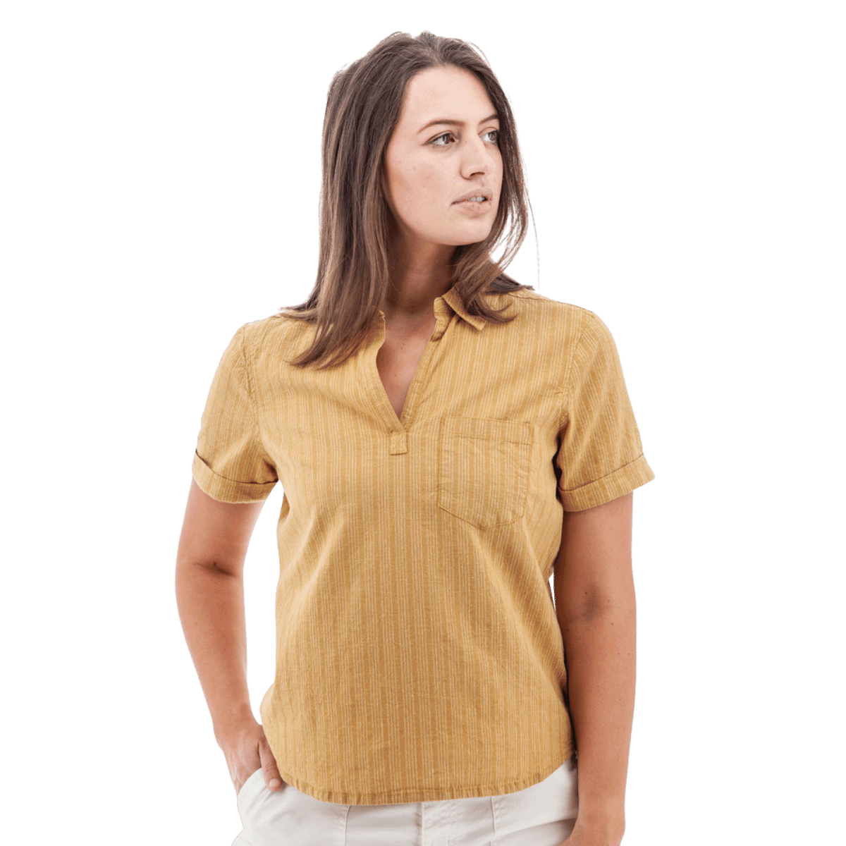AVENTURA WOMEN'S BREEZY POPOVER CAMP SHIRT - AMBER GOLD_FRONT