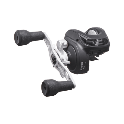 BATES FISHING CO G.O.A.T. SWM REEL, SIDE ANGLE, BLACK AND SILVER COLOR, LOGO, LH, RH