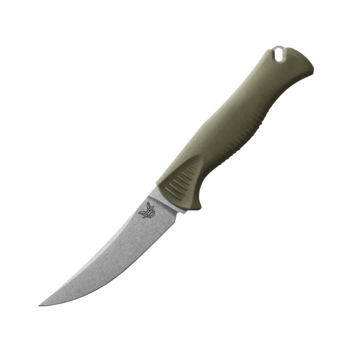 BENCHMADE MEATCRAFTER FIXED BLADE MLD 4IN - DARK OLIVE SANTOPRENE, FULL KNIFE VIEW