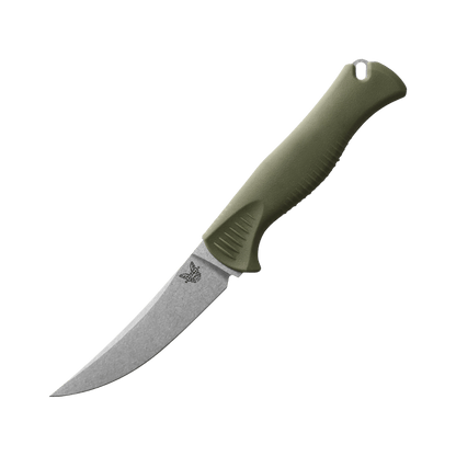 BENCHMADE MEATCRAFTER FIXED BLADE MLD 4IN - DARK OLIVE SANTOPRENE, FULL KNIFE VIEW