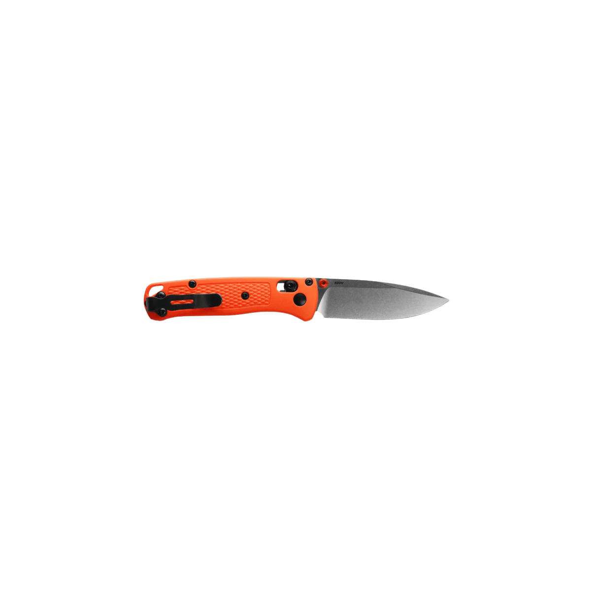 BENCHMADE MINI BUGOUT AXIS DROP POINT - ORANGE GRIVORY, FULL KNIFE VIEW
