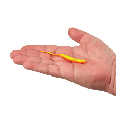 BERKLEY GULP! SR CRAWLER 12PK – SCENTED SOFT PLASTIC WORM - CHARTREUSE ORANGE - 4 IN - PRODUCT IN HAND