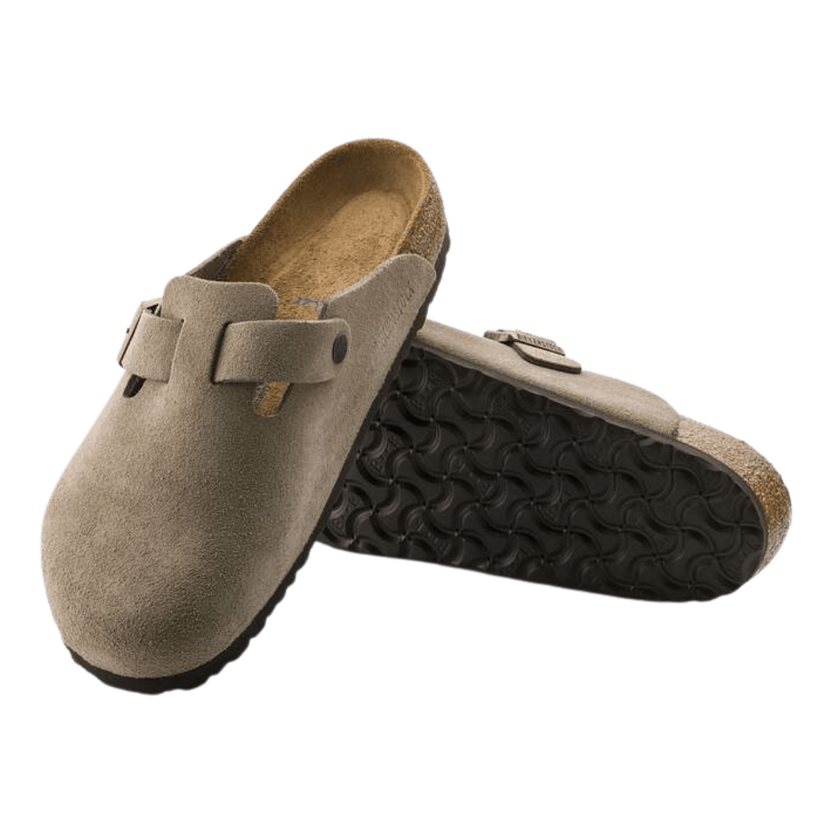 BIRKENSTOCK BOSTON SOFT FOOTBED CLOGS REGULAR - TAUPE - FRONT AND BACK ANGLE