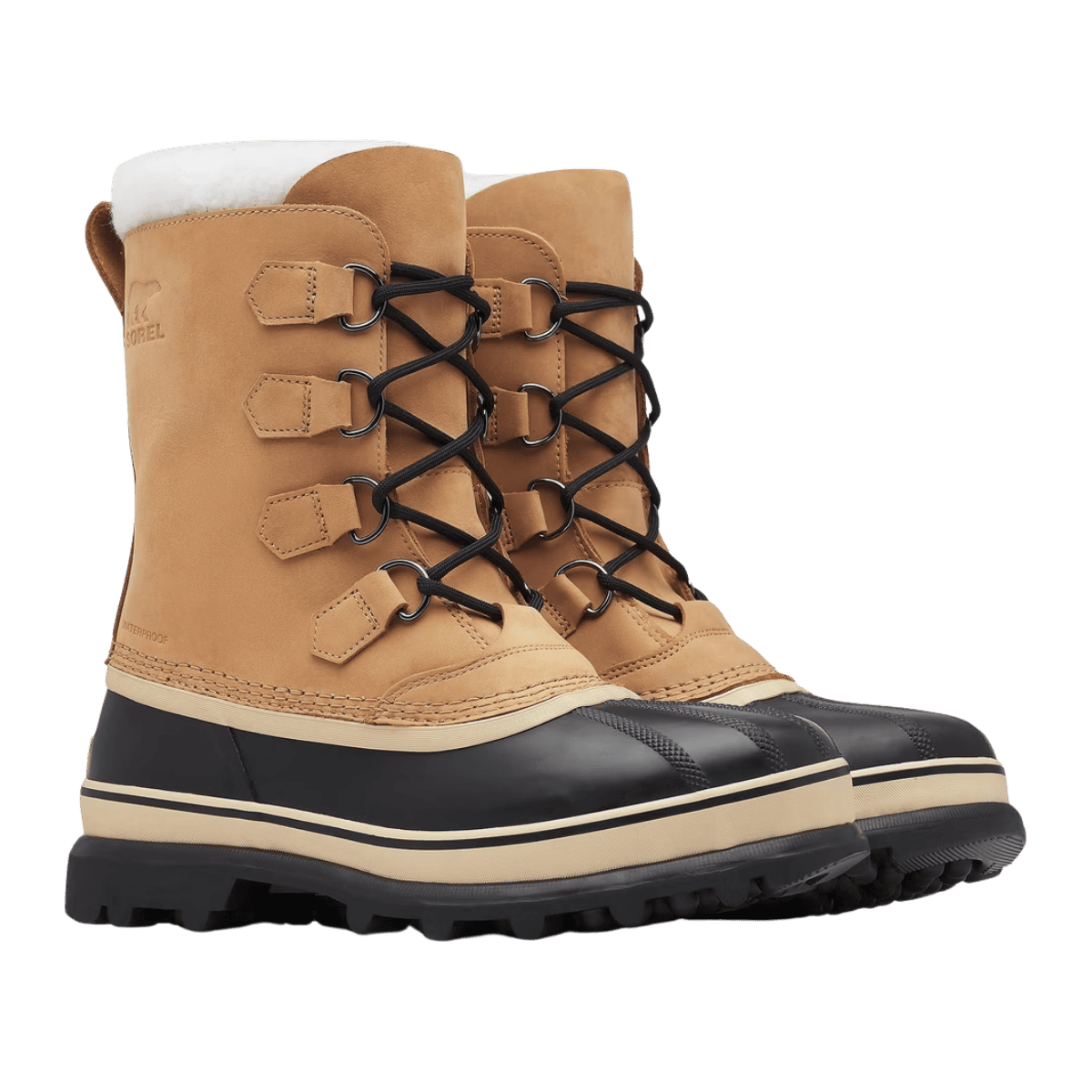 SOREL MEN'S CARIBOU WATERPROOF 9MM FELT LINER SNOW BOOTS - BUFF - LEFT AND RIGHTSIDE VIEW