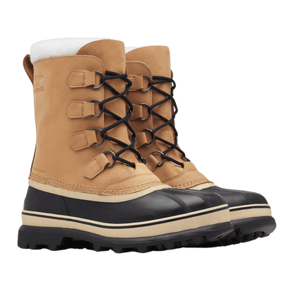 SOREL MEN'S CARIBOU WATERPROOF 9MM FELT LINER SNOW BOOTS - BUFF - LEFT AND RIGHTSIDE VIEW