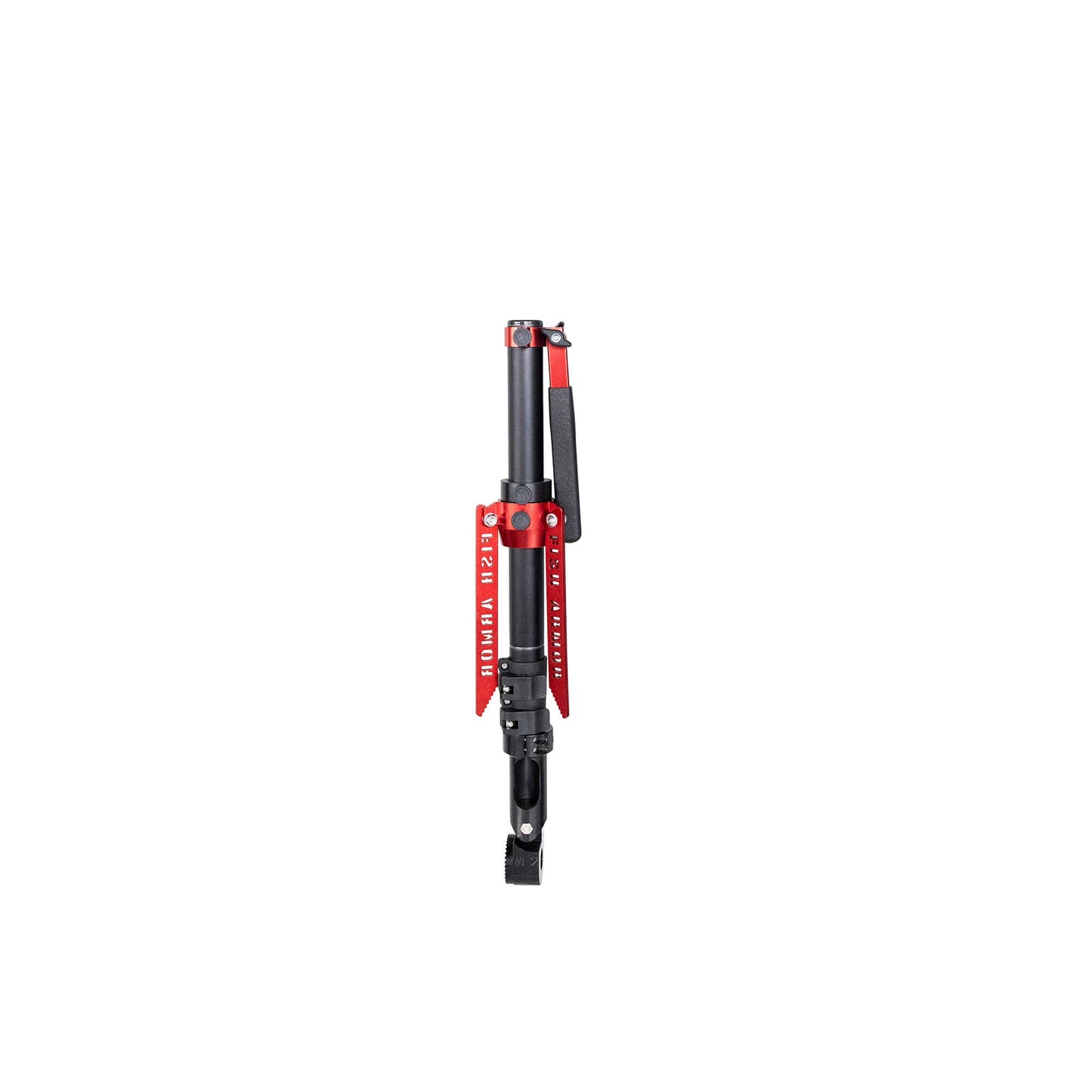 Fish Armor Pro Pole showing the red version with red stabilizers completely collapsed 
