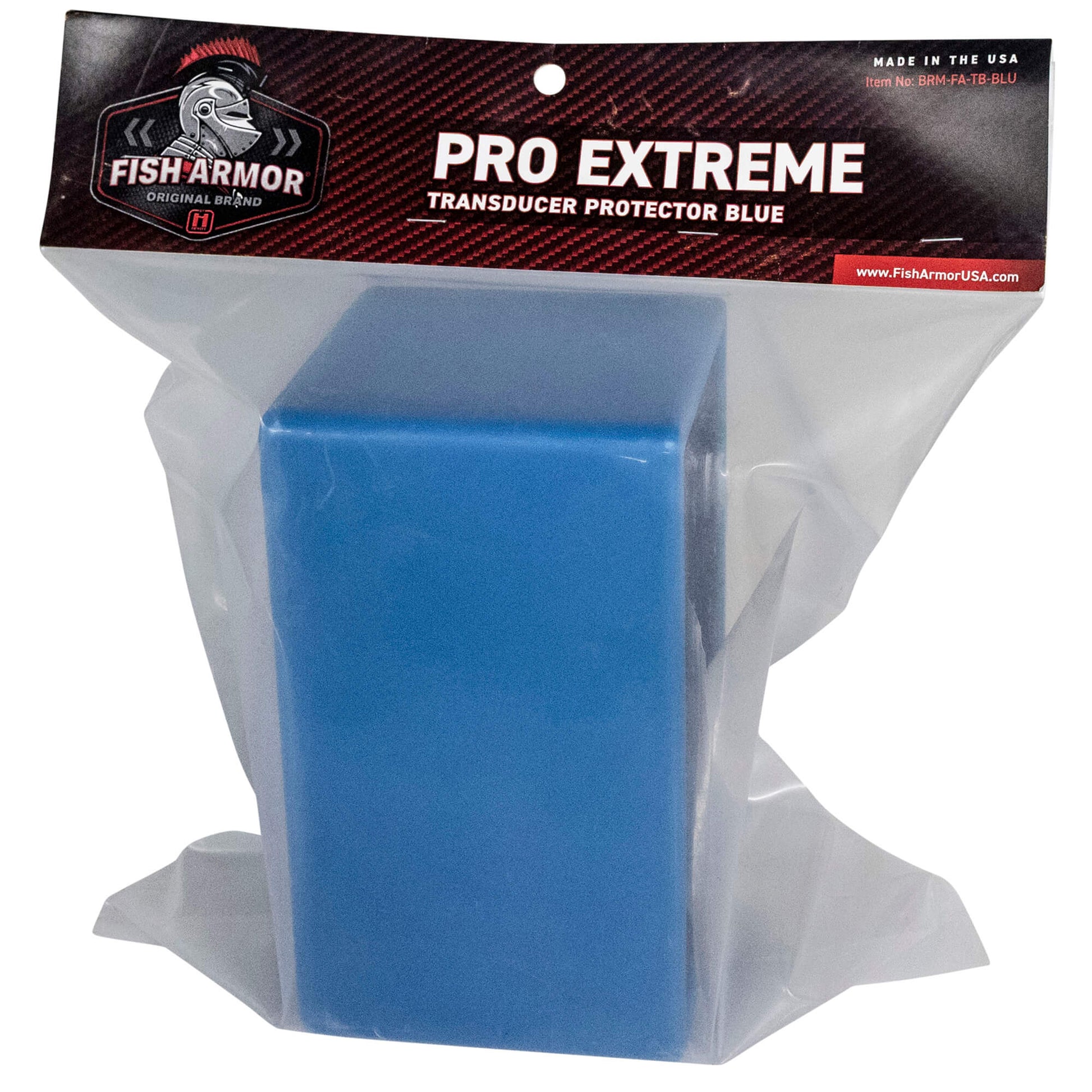 Fish Armor Pro Extreme Transducer Protector blue version in its packaging