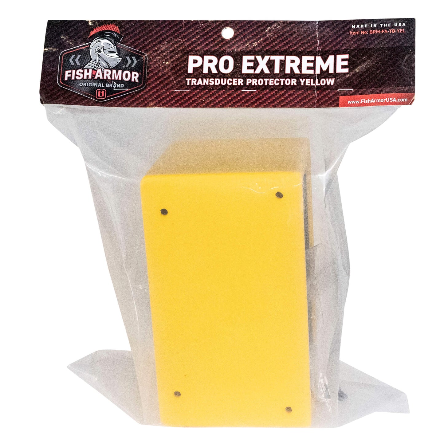 Fish Armor Pro Extreme Transducer Protector yellow version in its package