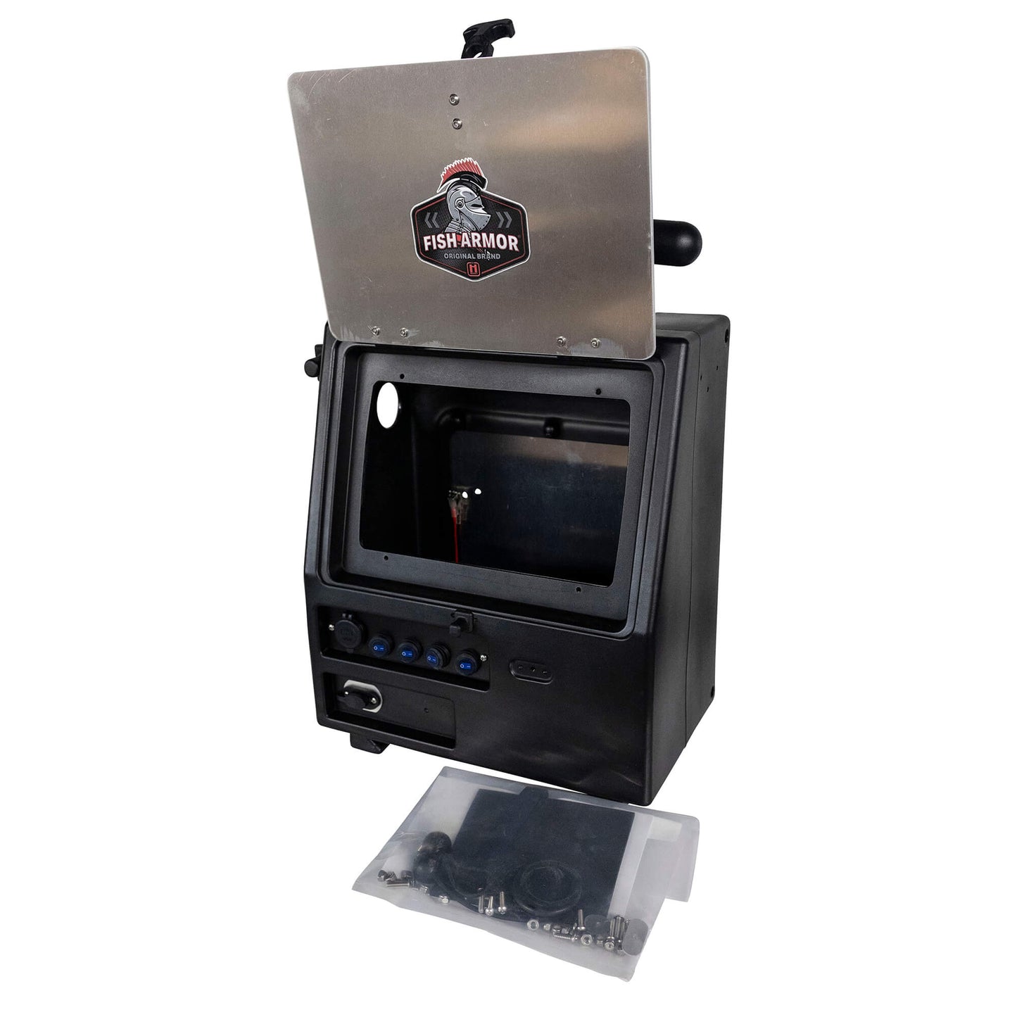 Fish Armor Pro Lite Shuttle Pro Extreme Shuttle black shuttle with the screen plate flipped up ad the inside viewable 
