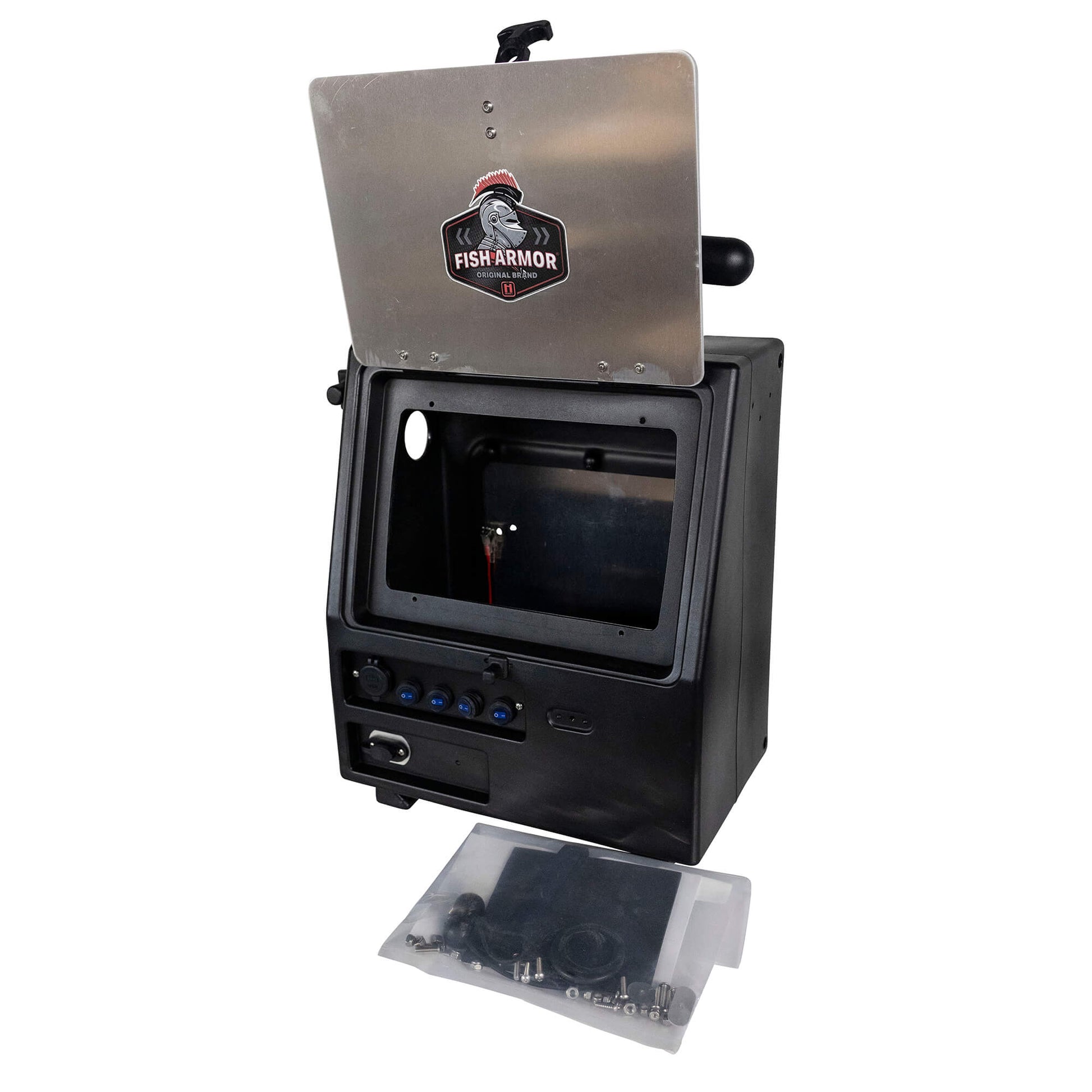 Fish Armor Pro Lite Shuttle Pro Extreme Shuttle black shuttle with the screen plate flipped up ad the inside viewable 