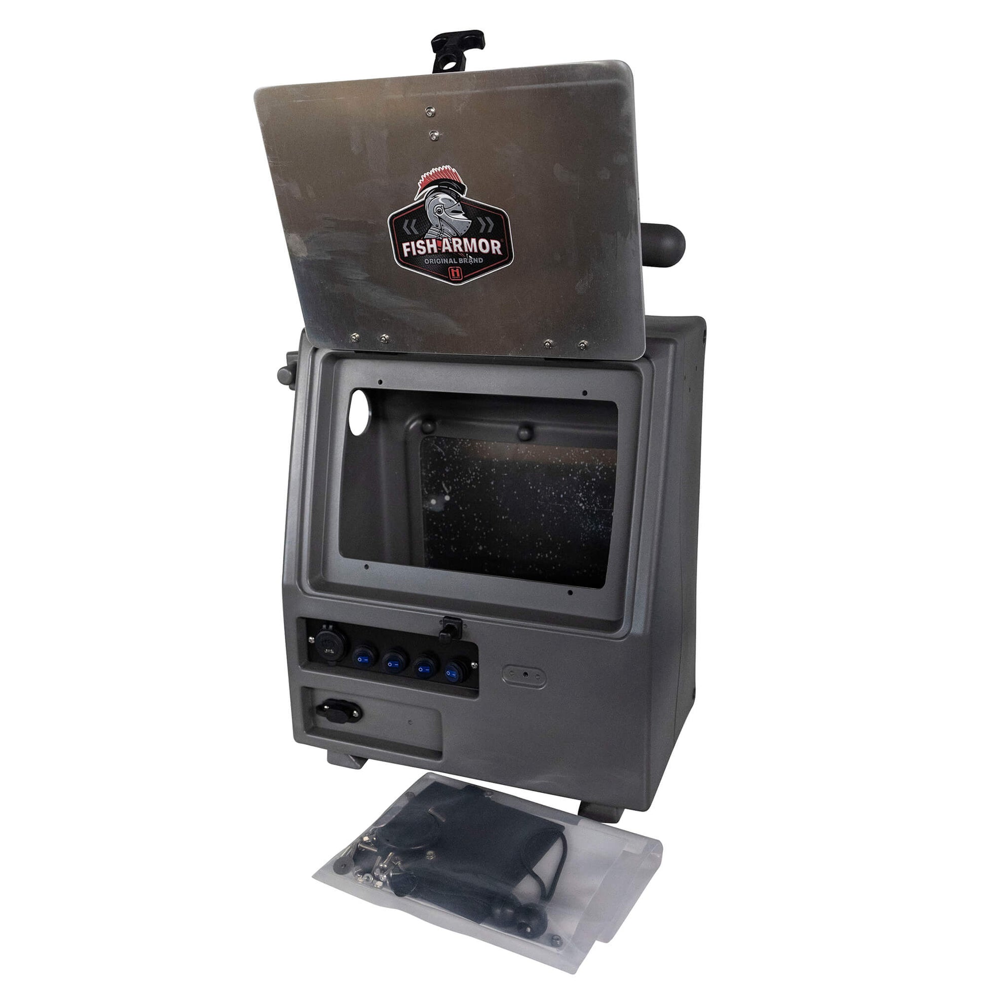 Fish Armor Pro Lite Shuttle Pro Extreme Shuttle gray version with the screen plate flipped up showing the inside