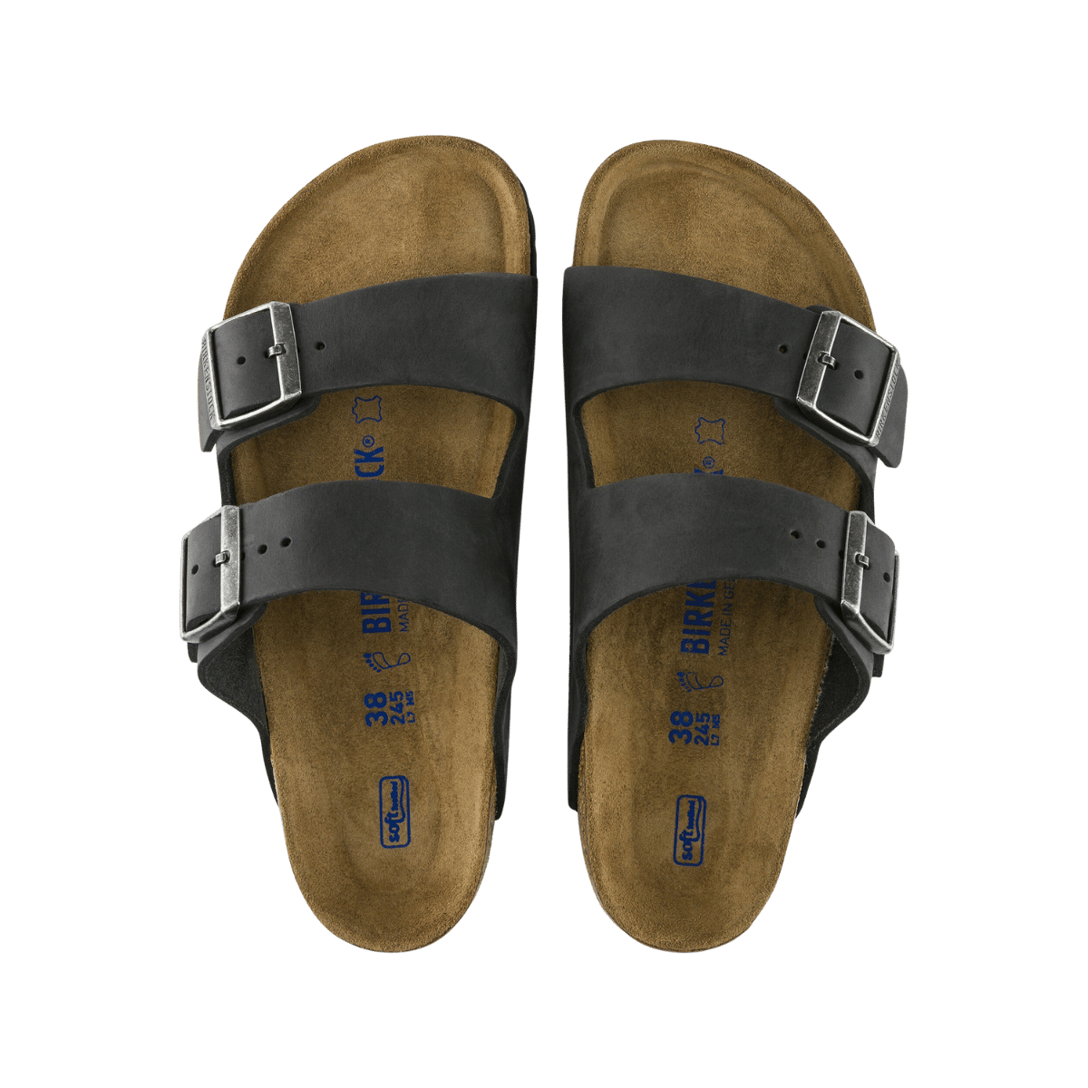 BIRKENSTOCK ARIZONA SOFT FOOTBED NARROW - BLACK TOP DETAIL PAIR VIEW