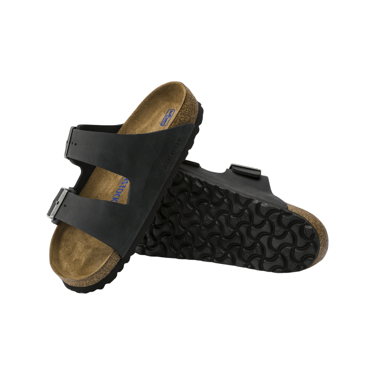 BIRKENSTOCK ARIZONA SOFT FOOTBED NARROW - BLACK - FRONT & BOTTOM SOLE VIEW