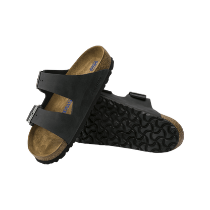 BIRKENSTOCK ARIZONA SOFT FOOTBED NARROW - BLACK - FRONT & BOTTOM SOLE VIEW