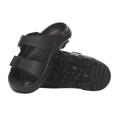BIRKENSTOCK MOGAMI TERRA SLIDE - APEX BLACK  - FRONT ANGLED VIEW WITH SOLE DETAIL