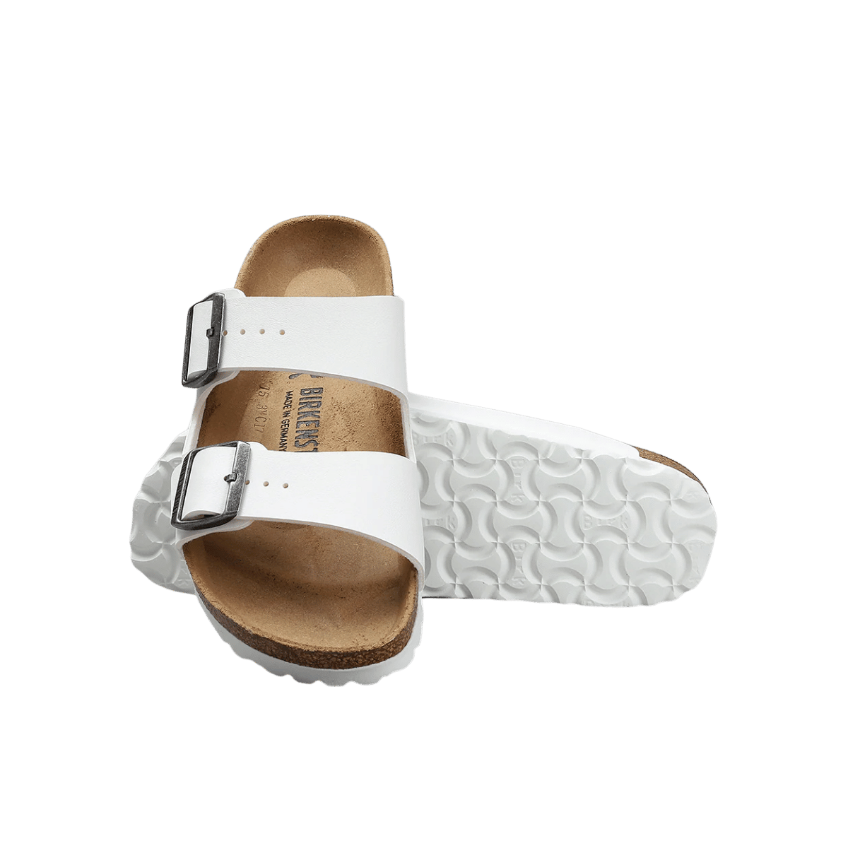 BIRKENSTOCK ARIZONA SANDAL -WHITE  NARROW - STACKED FRONT AND SOLE VIEW