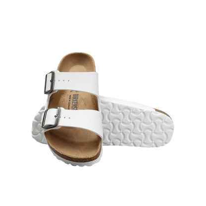 BIRKENSTOCK ARIZONA SANDAL -WHITE  NARROW - STACKED FRONT AND SOLE VIEW