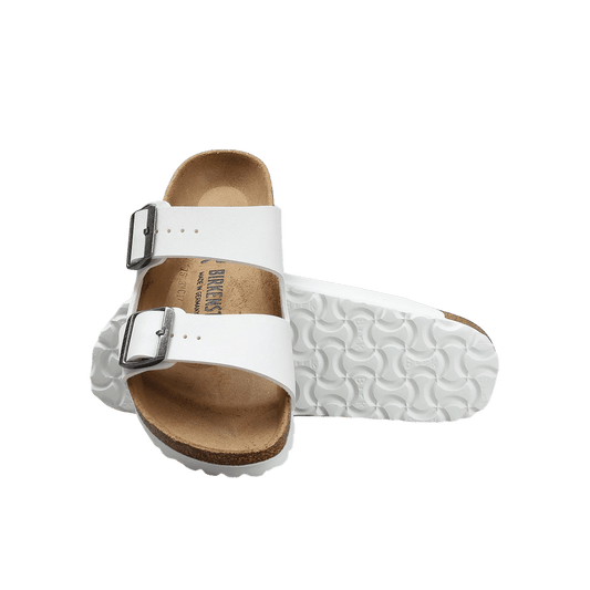 BIRKENSTOCK ARIZONA SANDAL -WHITE  NARROW - STACKED FRONT AND SOLE VIEW