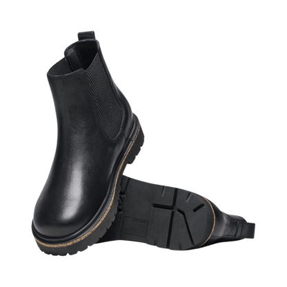 BIRKENSTOCK WOMEN'S HIGHWOOD SLIP-ON LEATHER BOOTS BLACK - FRONT AND SOLE VIEW