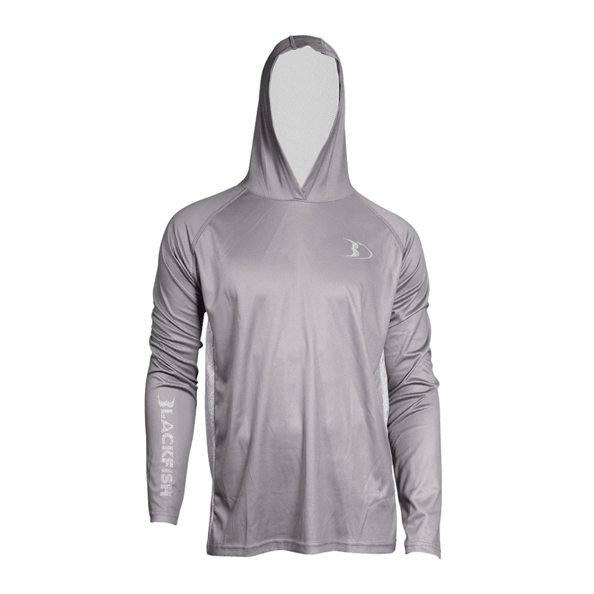 BLACKFISH GUIDE UPF HOODIE – CONTROL GREY/FROST – FRONT VIEW WITH HOOD UP