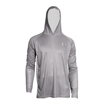 BLACKFISH GUIDE UPF HOODIE – CONTROL GREY/FROST – FRONT VIEW WITH HOOD UP