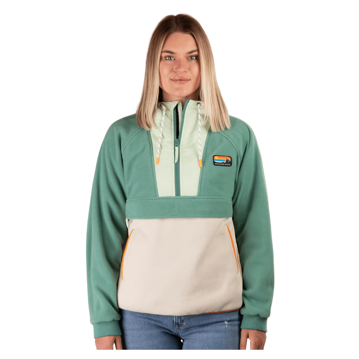 BOULDER GEAR WOMEN SCOUT FLEECE PULLOVER OIL GREEN FRONT VIEW