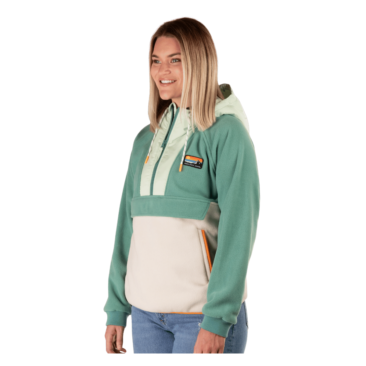 BOULDER GEAR WOMEN SCOUT FLEECE PULLOVER OIL GREEN SIDE VIEW
