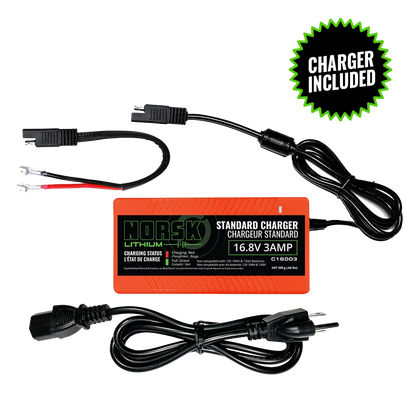 14.8V 50AH LITHIUM-ION Battery With 3A CHARGER showing chargewr