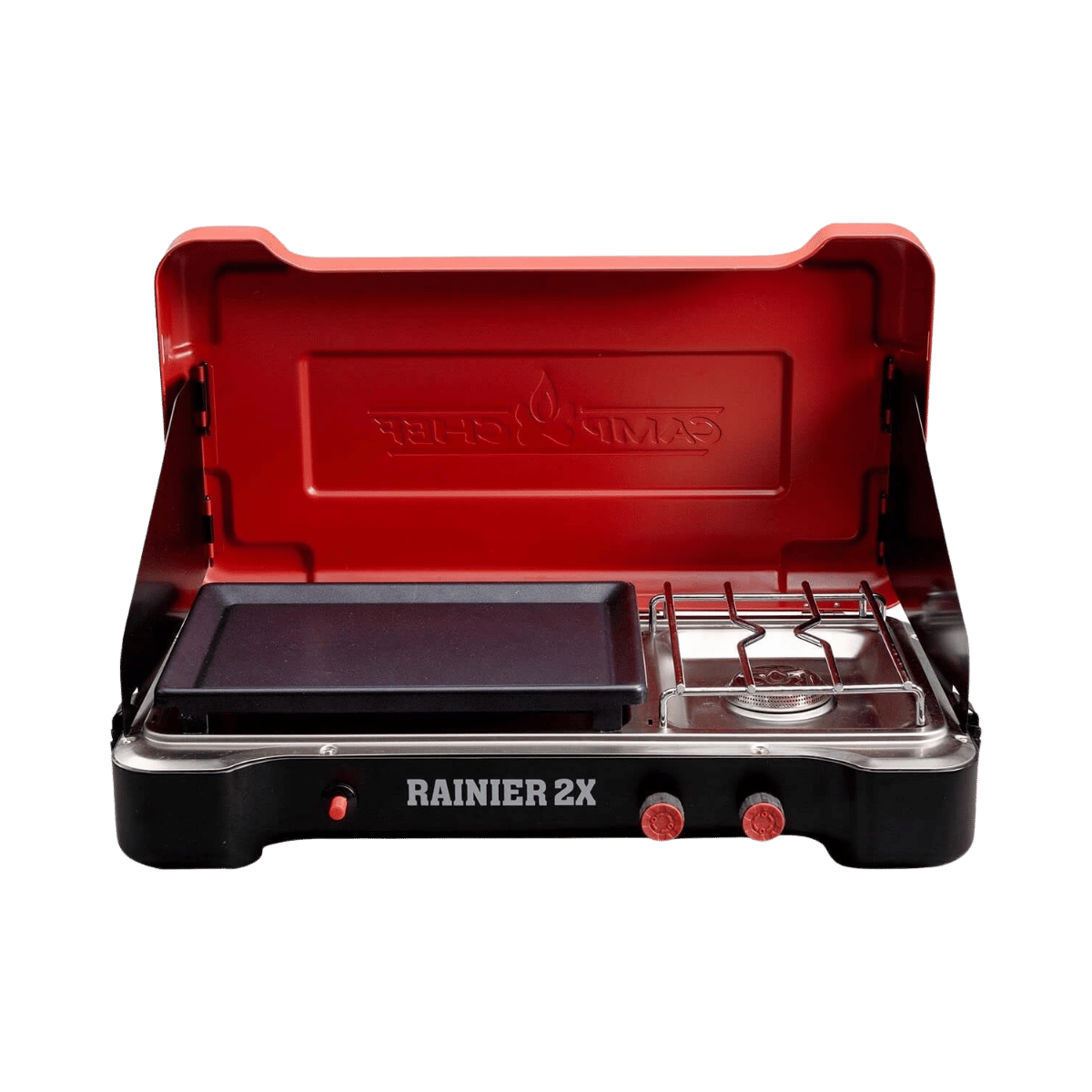 CAMP CHEF RAINIER TWO BURNER STOVE BLACK RED