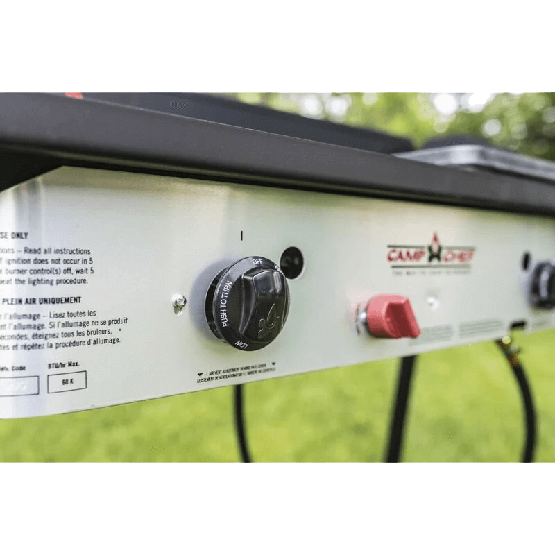 CAMPCHEF EXPEDITION DOUBLE BURNER STOVE up close of knobs