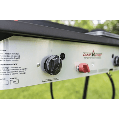 CAMPCHEF EXPEDITION DOUBLE BURNER STOVE up close of knobs