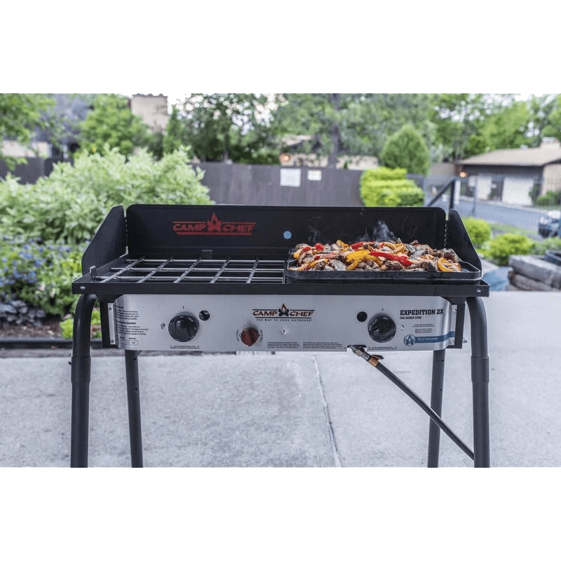 CAMPCHEF EXPEDITION DOUBLE BURNER STOVE with food cooking