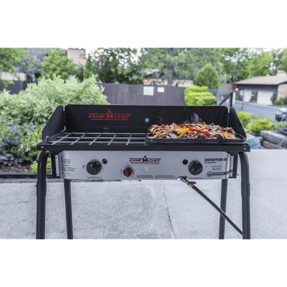 CAMPCHEF EXPEDITION DOUBLE BURNER STOVE with food cooking