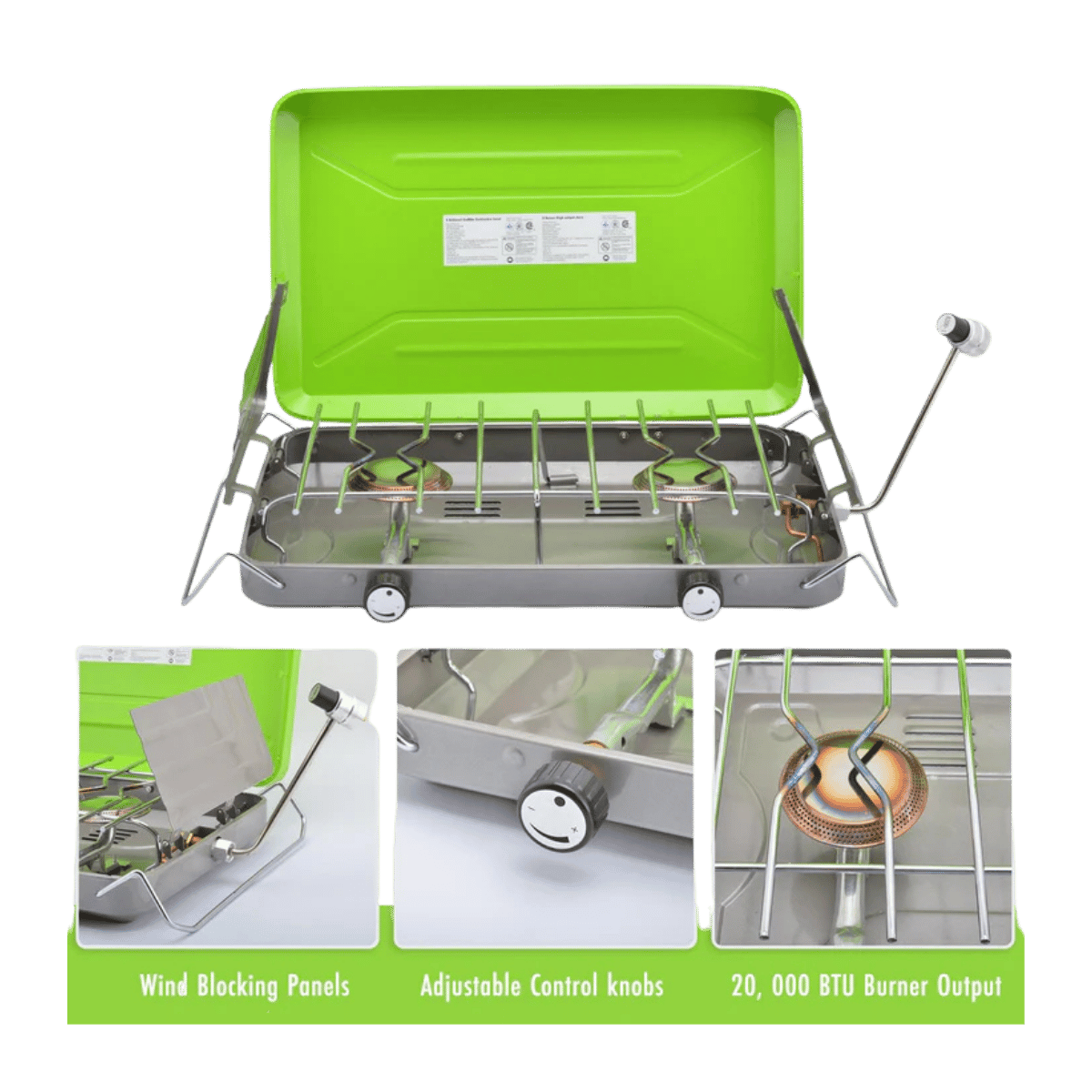 FLAME KING CLASSIC CAMPING STOVE GRILL - LIGHT GREEN - OPEN VIEW