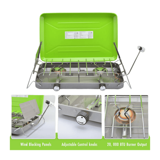 FLAME KING CLASSIC CAMPING STOVE GRILL - LIGHT GREEN - OPEN VIEW
