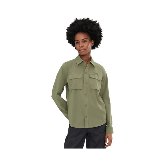 COLUMBIA WOMENS SILVER RIDGE ELITE WOVEN LS STONE GREEN
