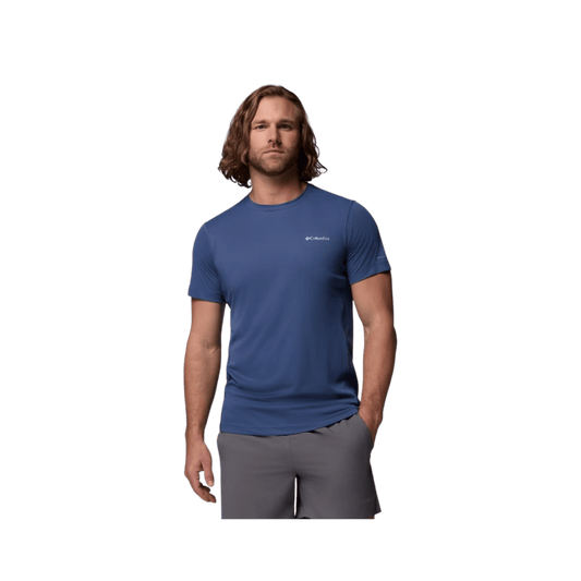 COLUMBIA MEN'S ZERO RULES LIGHT SHORT SLEEVE CREW - DARK MOUNTAIN, FRONT ANGLE, SM, MD, LG, XL, XXL