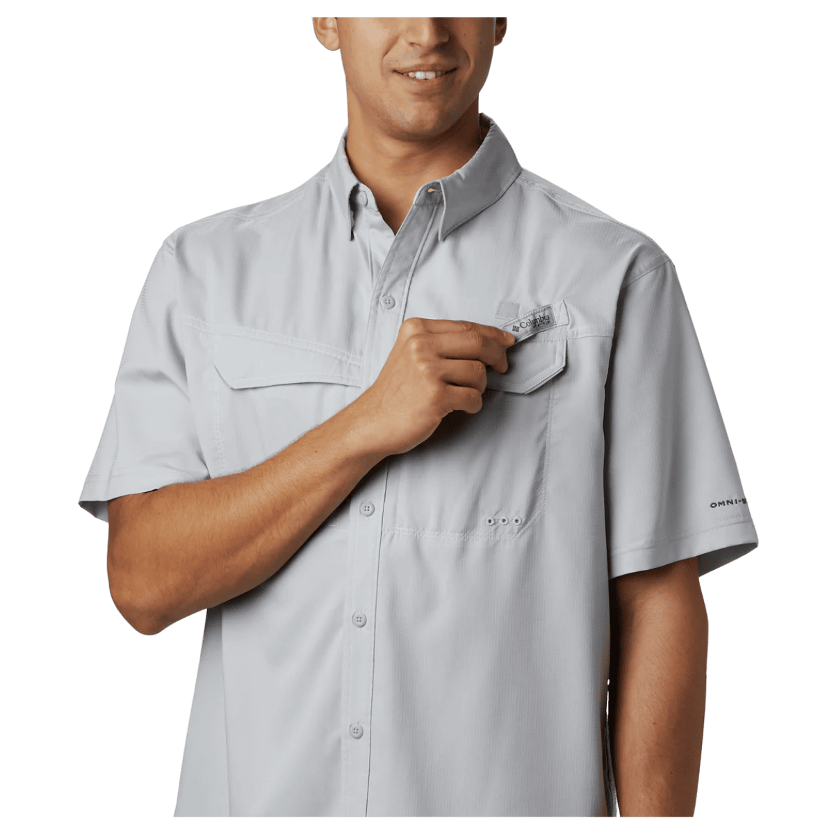 COLUMBIA LOW DRAG OFFSHORE FISHING GEAR SHORT SLEEVE SHIRT - CITY GREY - POCKET LOGO