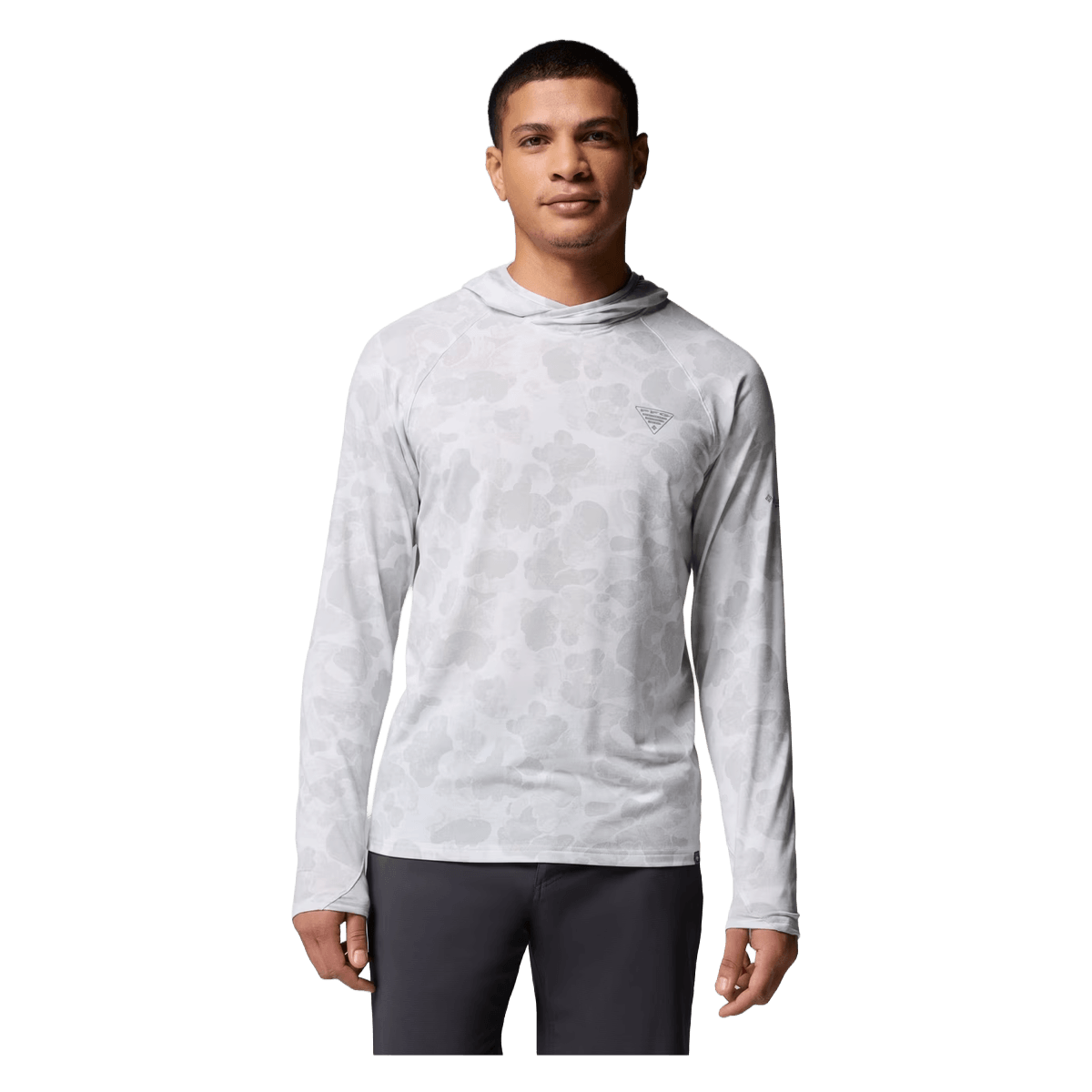 COLUMBIA PFG UNCHARTED II PRINTED HOODIE - COOL GRAY DELTA WOODS - FRONT VIEW